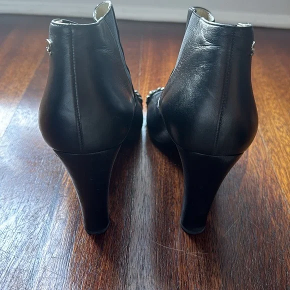 Chanel Women's Chain Peep Open Toe Booties Leather Black Lambskin